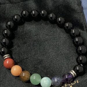 Beaded Chakra Bracelet with Black and Multicolor Gemstones